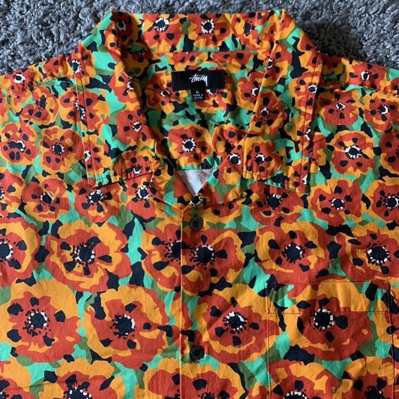 Stussy Other - Stussy Shirt Mens L Poppy Orange 1110166 Floral All Over Print AOP Hawaiian